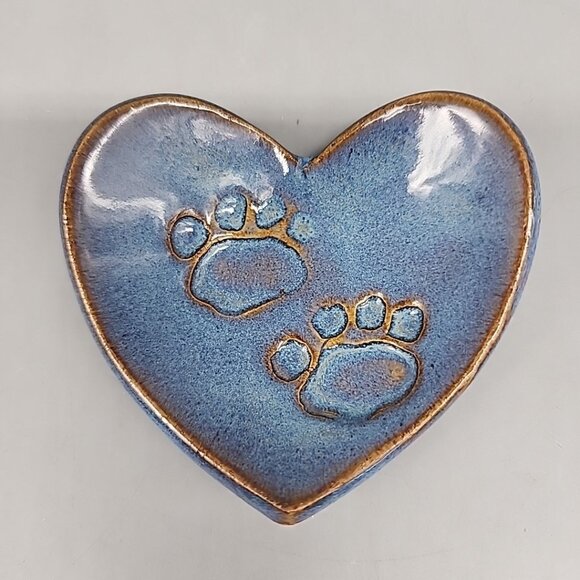 Stoneware Handmade Blue Trinket Dish Heart Paw print - Picture 1 of 3